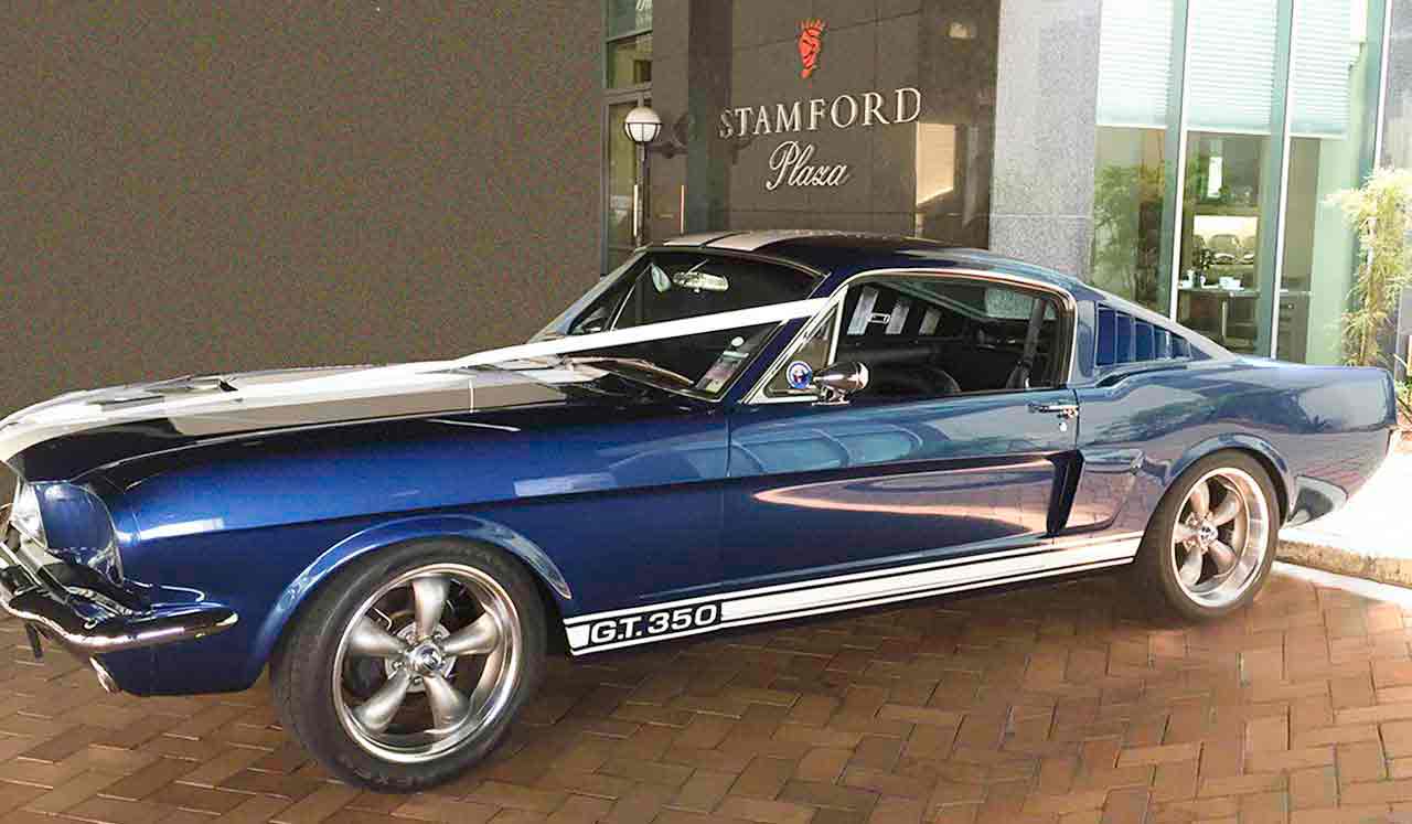 Blue Shelby 1965 Mustang Fastback side view wedding event Stamford plaza hotel Brisbane